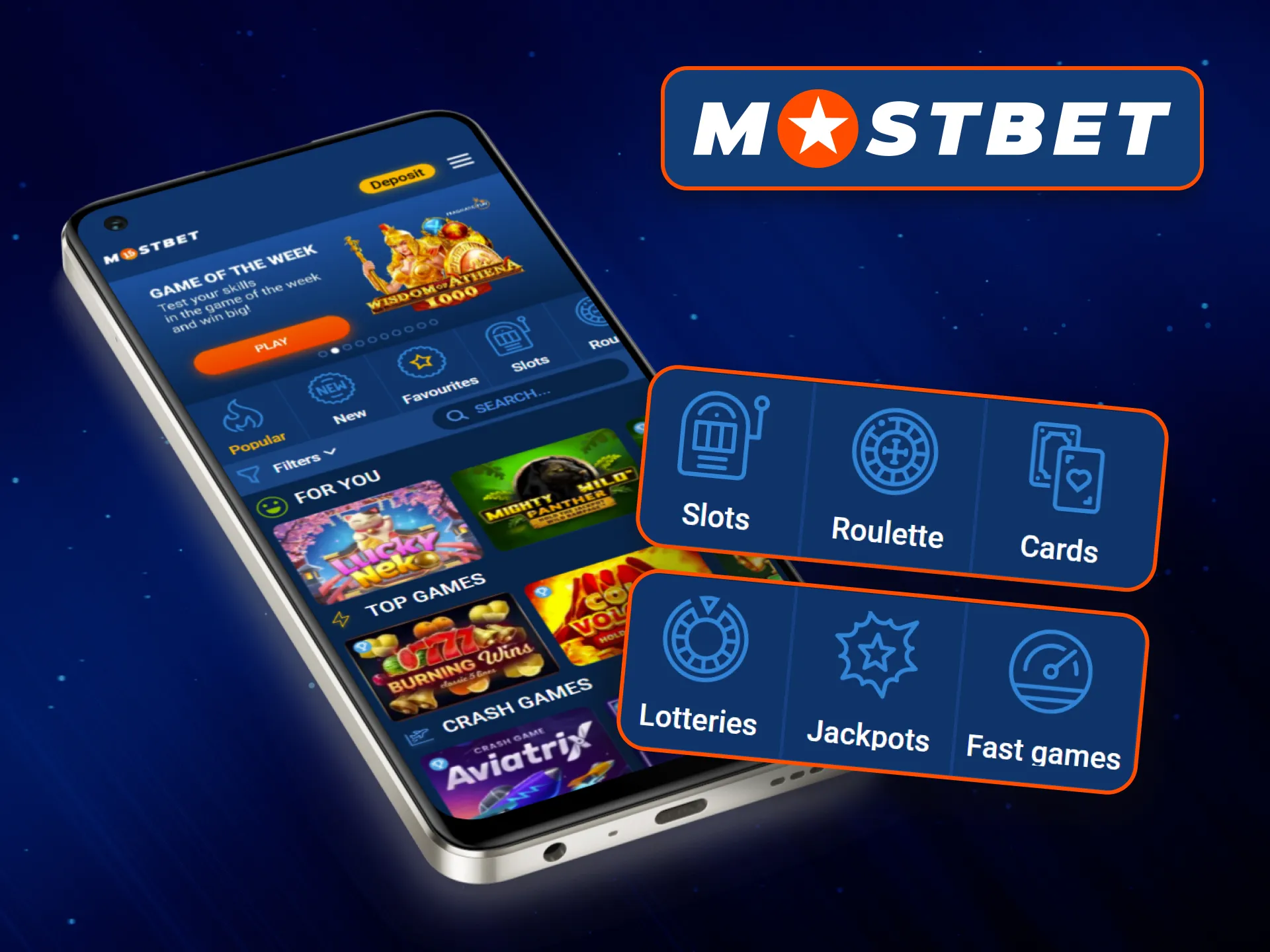 A wide range of casino games available in Mostbet app.