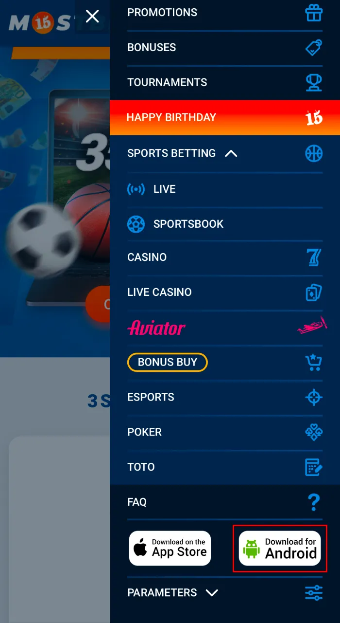 Open the Mostbet website menu.