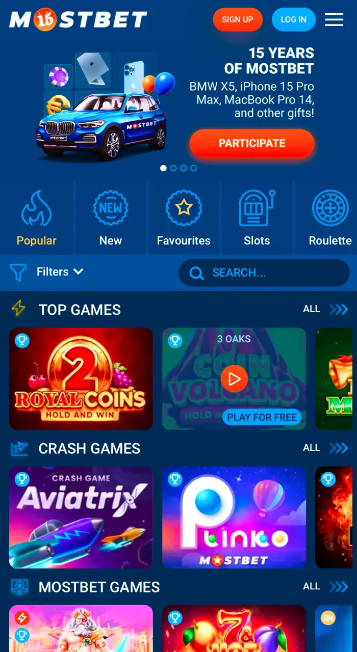 Casino section in the Mostbet app.