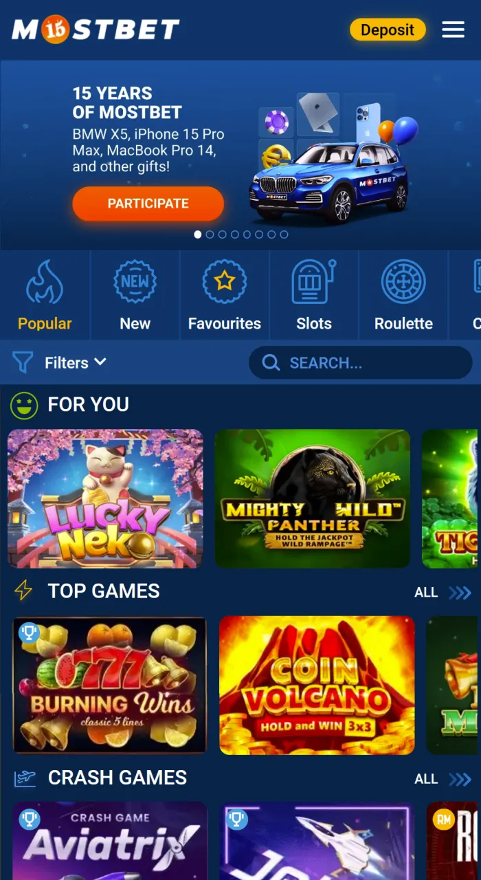 Process of starting to play casino games on Mostbet website.