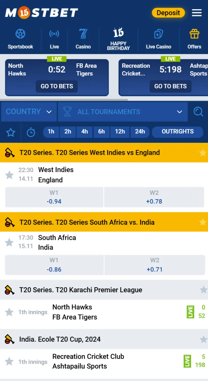 Select the section with the name cricket on Mostbet website.