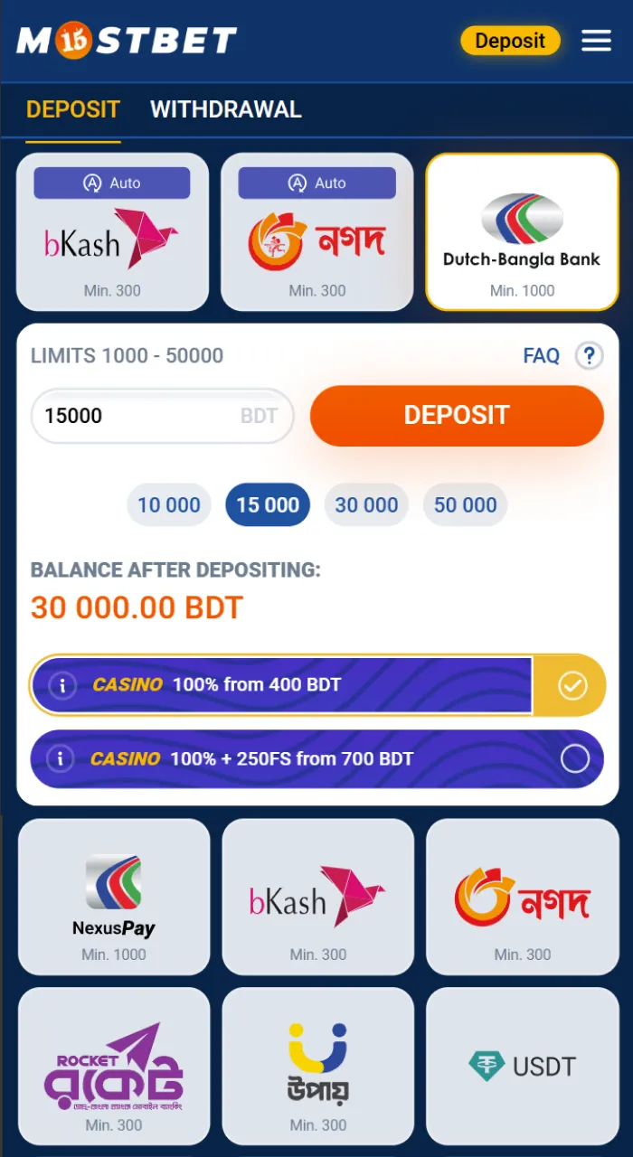Complete the deposit process on the Mostbet website.