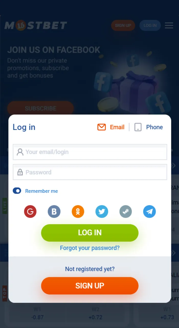 Log in to the Mostbet website to make a deposit.