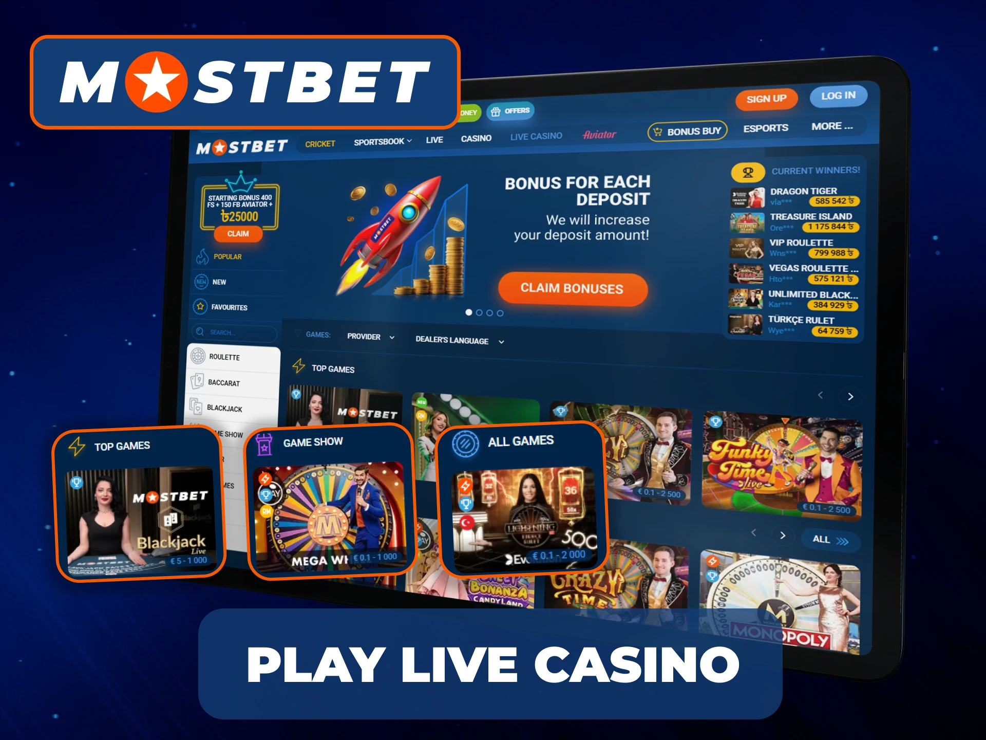 There are a lot of live games that Mostbet casino offers.
