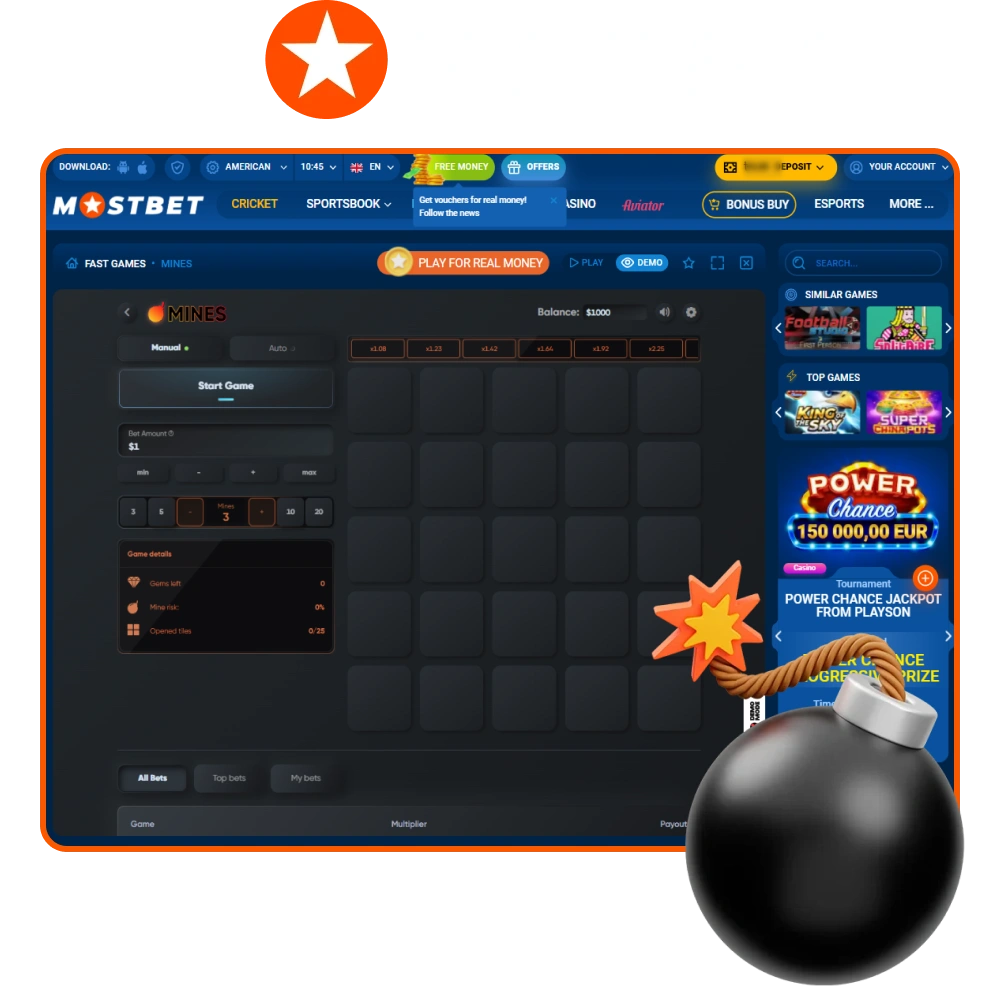 Experience the incredible emotions of winning at Mines from Mostbet Casino.