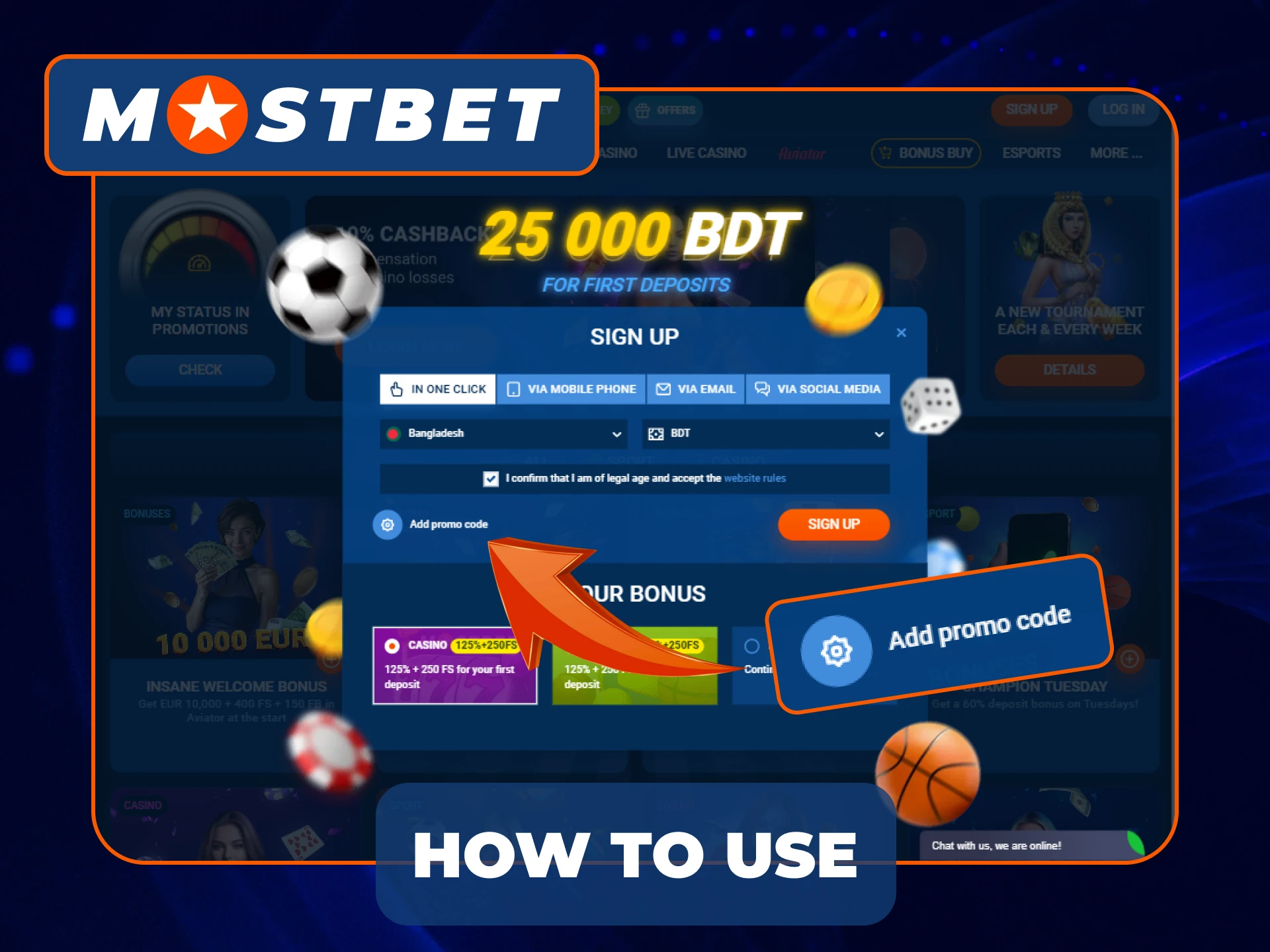 Instructions for using Mostbet promo codes in Bangladesh.