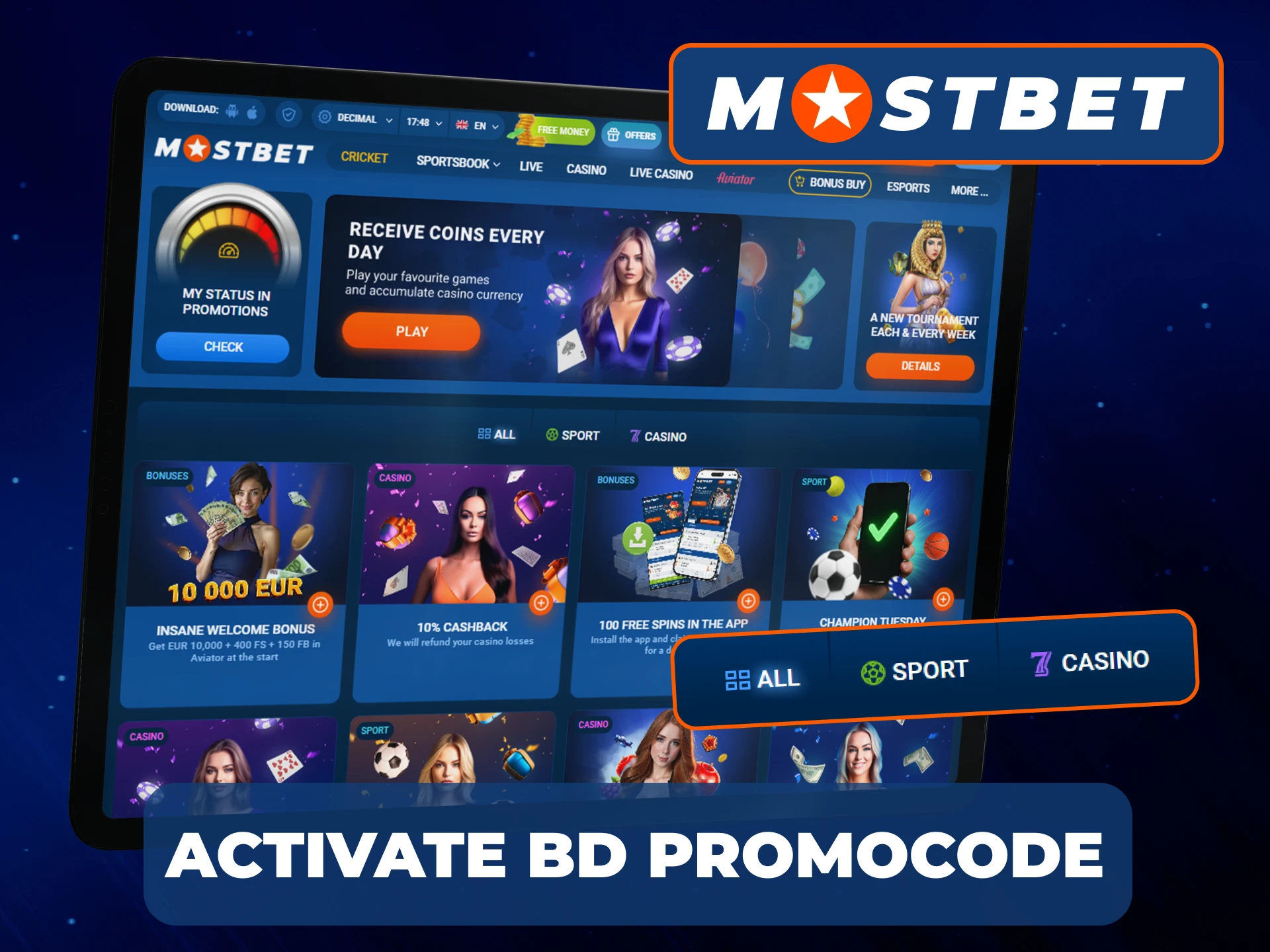 There are a lot of promo codes on Mostbet site today.