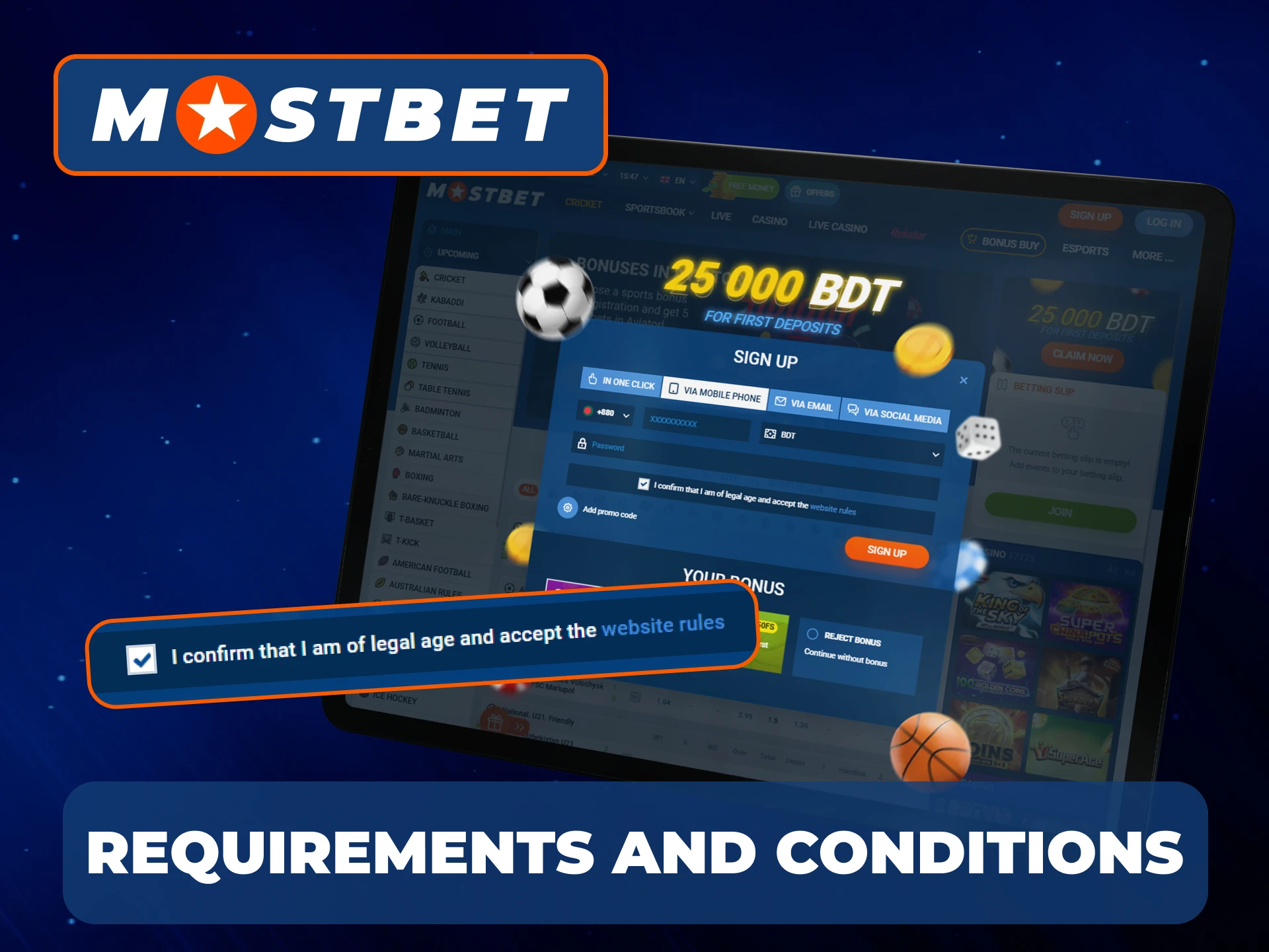 Requirements for registration on Mostbet Bangladesh website.