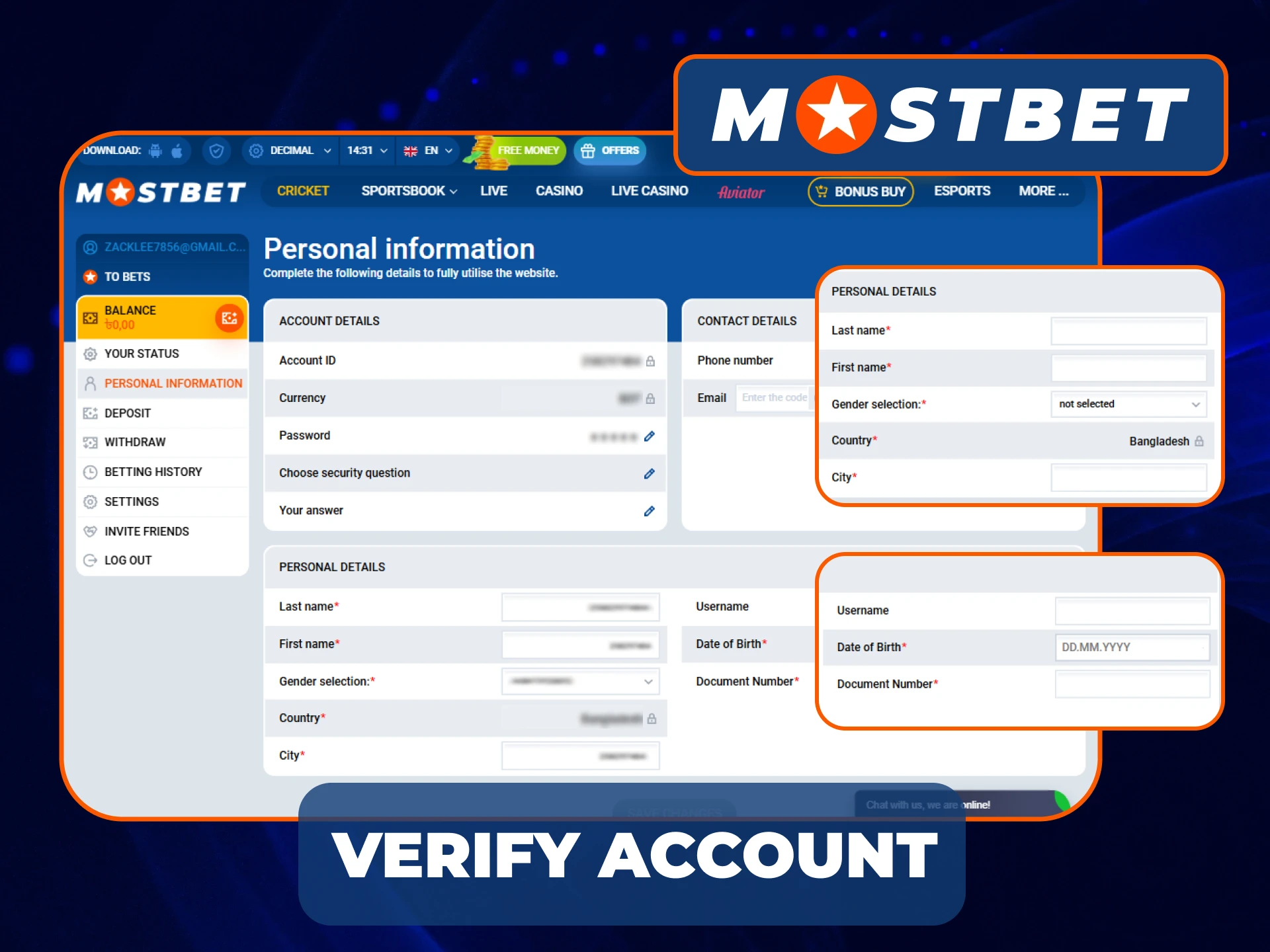 The verification process on Mostbet website.