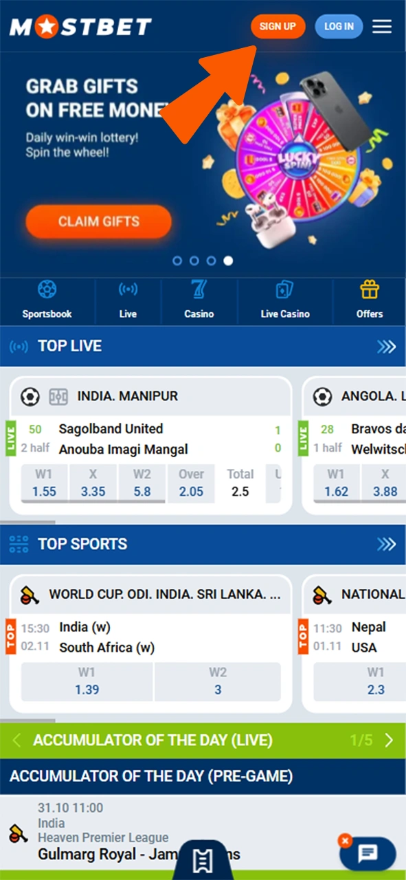 Find Sign Up button on menu at the top of Mostbet website.