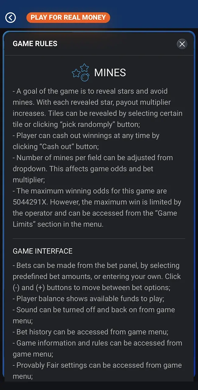 The rules for playing Mines from Mostbet casino.